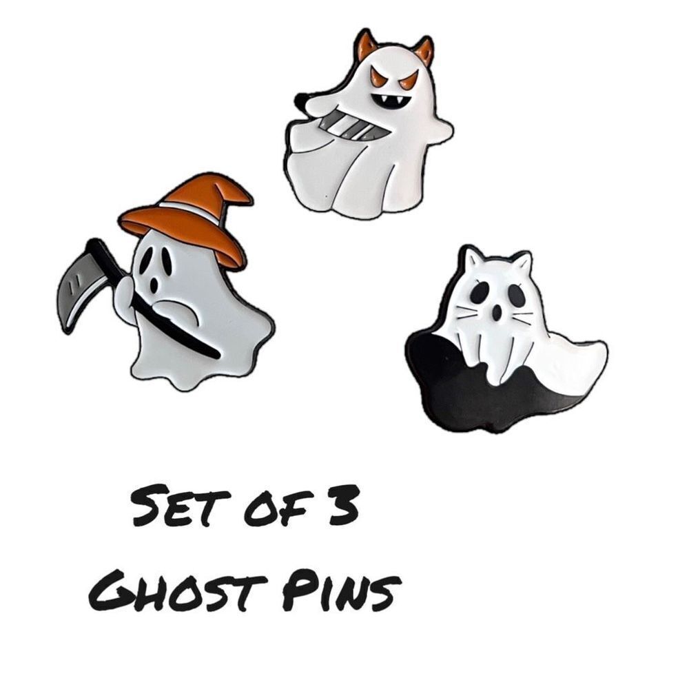 New Spooky Halloween Ghost Pin Set of 3 Trick or Treat Costume Brooch Cat Scary